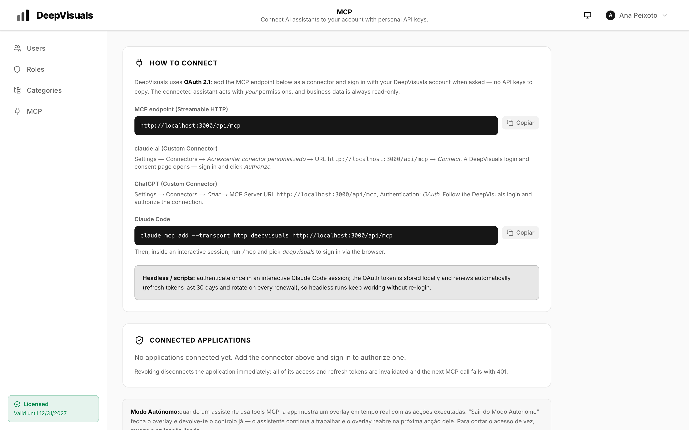 DeepVisuals MCP connection page