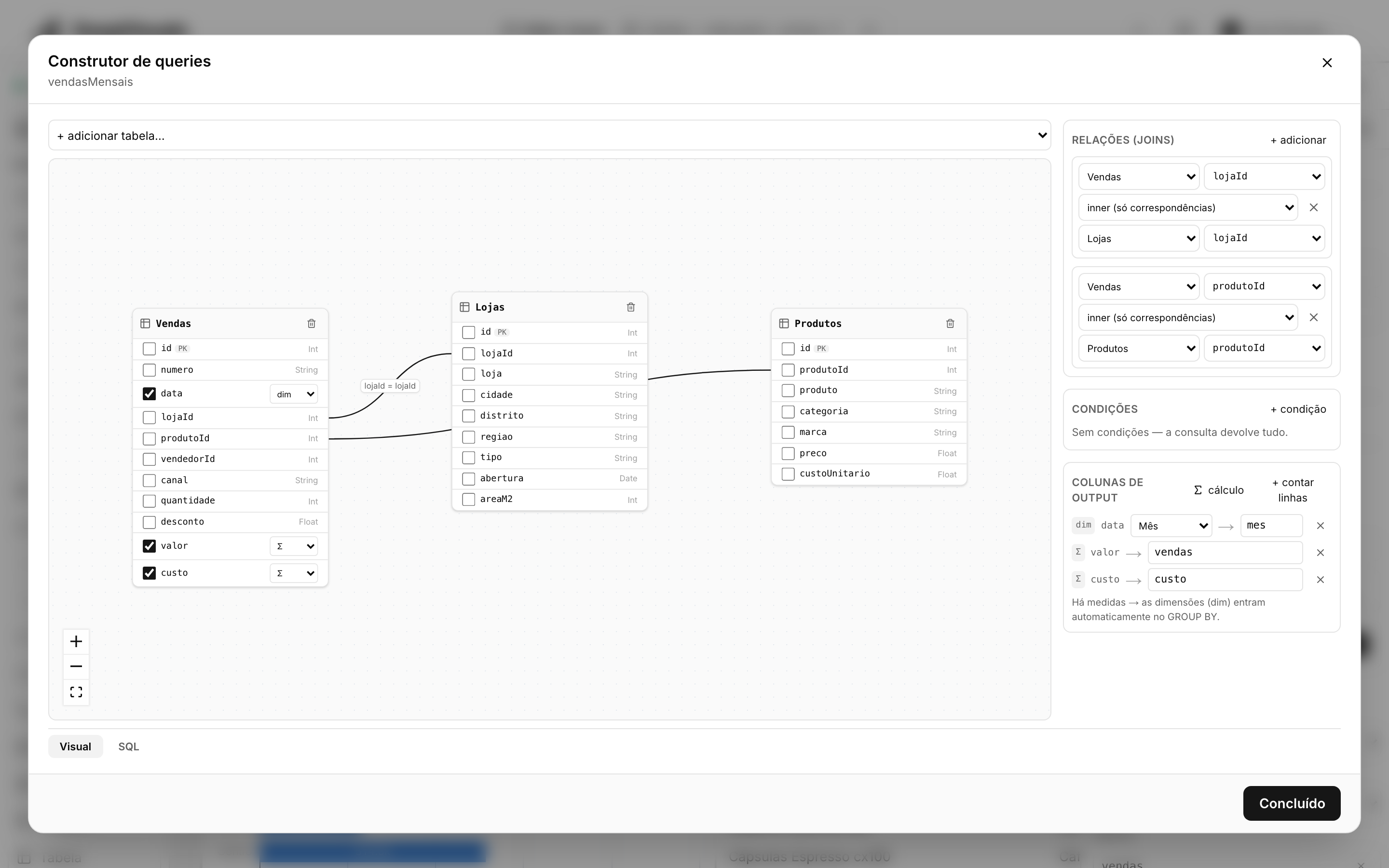 Data model connected to DBMS tables